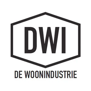 Logo van DWI De Woonindustrie met een zeshoekig kader in zwart-wit stijl.