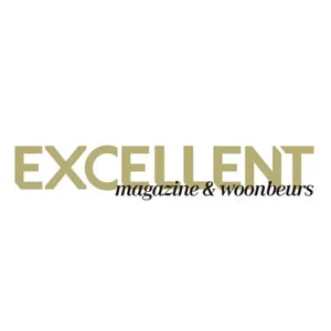 Logo van Excellent magazine en woonbeurs, met elegante gouden letters op een witte achtergrond.