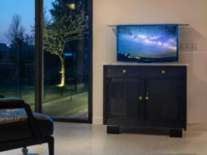 Black TV lift cabinet with marble top 32 inch