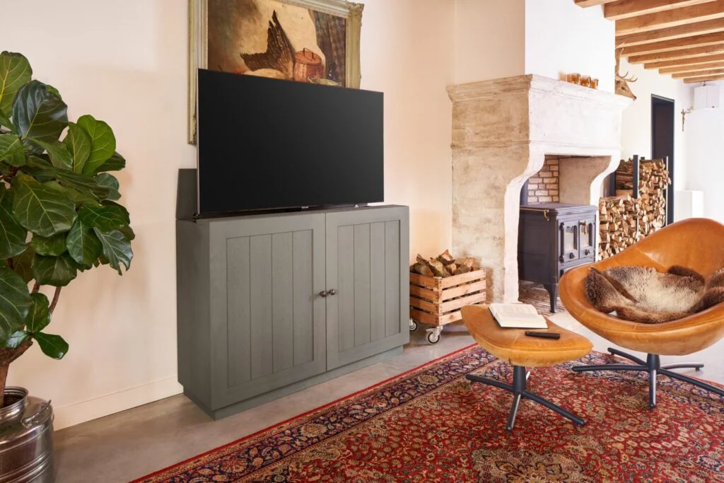 Stijlvolle woonkamer met houten tv-kast en vloerkleed, naast een open haard, leren stoel en groene plant in pot.
