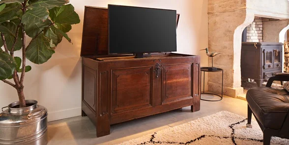 Antiek houten TV-meubel met lift, naast een open haard, een grote plant in een metalen pot, in een sfeervol ingerichte woonkamer.