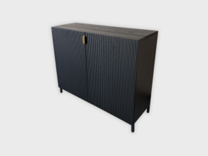 Zwart houten kast met verticale lijnen, strak design en subtiele handgreep. Geschikt als stijlvol opbergmeubel in modern interieur.