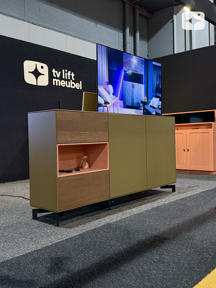 TV lift meubel 'Lucid' geschikt voor 55 inch TV - RAL 7008, open vakken