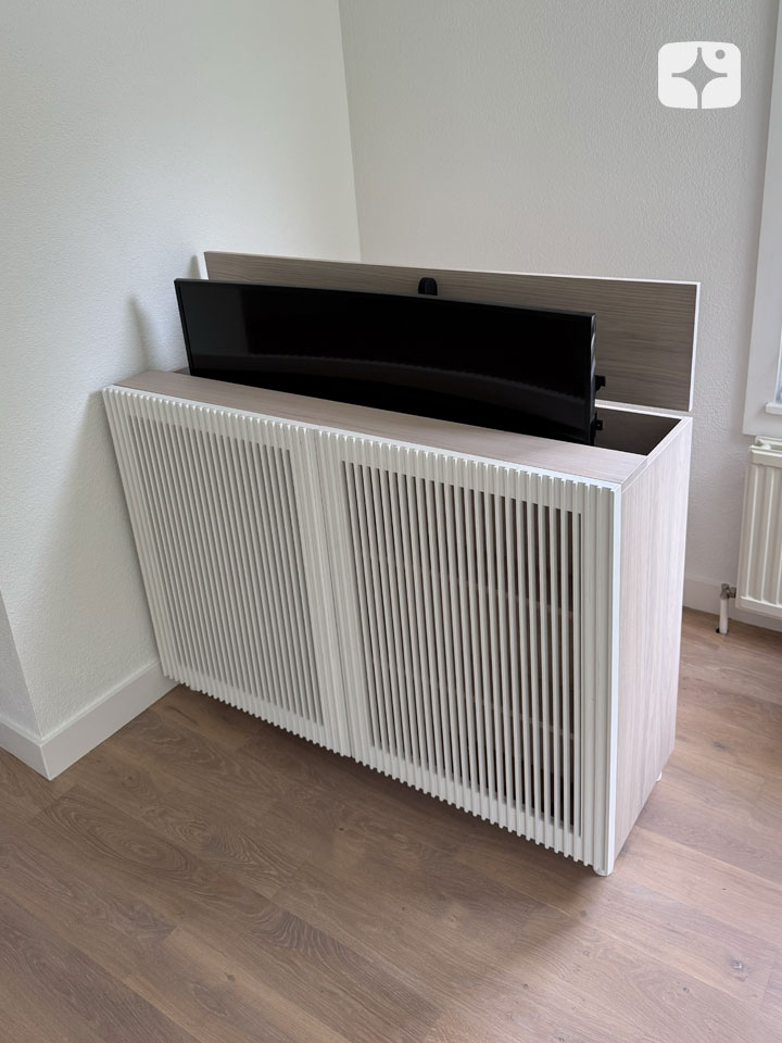 TV lift meubel 'Nomad' geschikt voor 55 inch TV - wit, 2-deurs, curved tv, 2 deuren