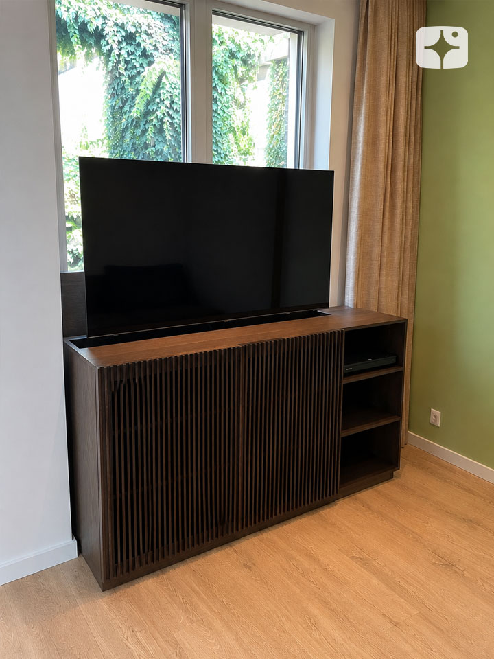 TV lift meubel 'Nomad' geschikt voor 55 inch TV - 3 deurs, open vakken
